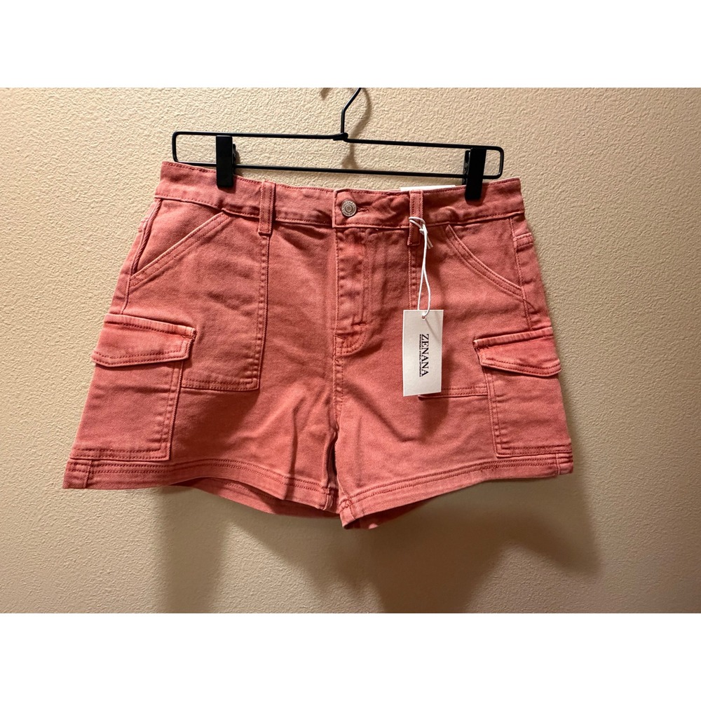 Zenana Womens Rust Cargo Utility Shorts High Rise Stretch Denim DMP-1736Y L